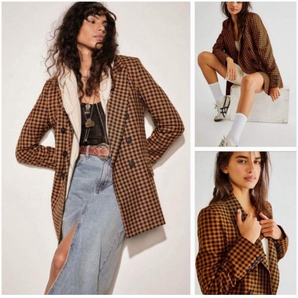 New Free People Women’s Ashby Plaid Double Breasted Blazer in Brown Sz L